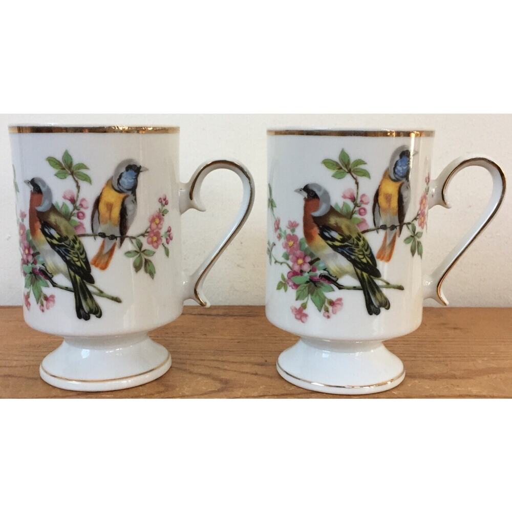 Pair Vintage Royal Crown Birds RCW-13 Porcelain Footed Coffee Mugs Tea Cups
